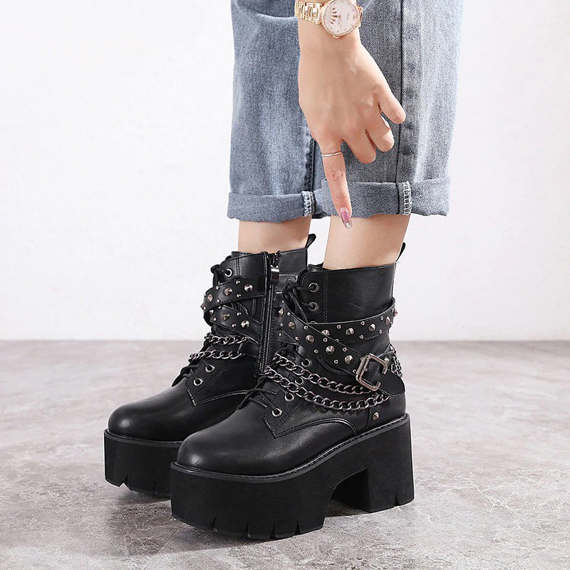 Gothic Ankle Boots For Women / Short Sexy Lady's High Heel Shoes With Lace-Up And Chain