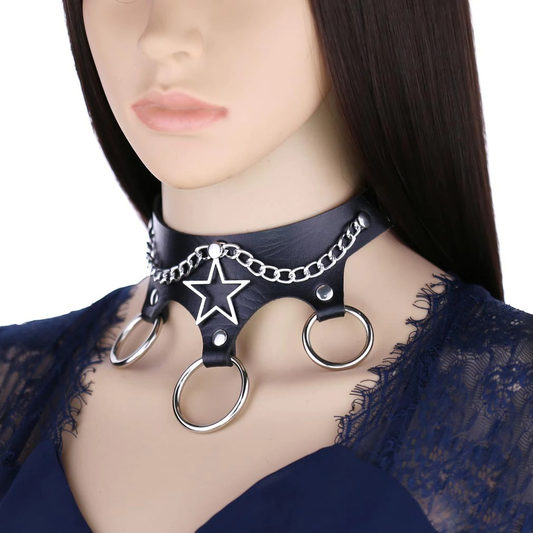 Gothic Black Choker Of PU Leather / Stylish Metal Chain With Star / Rock Style Accessories