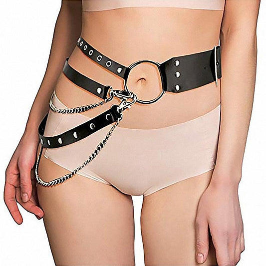 Gothic Leather Belt with Chain Strap and Metal Ring / Women Accessories in Alternative Fashion