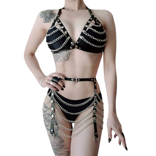 Gothic leather body harness / Chain bra top for Women / Punk fashion Festival Accessories