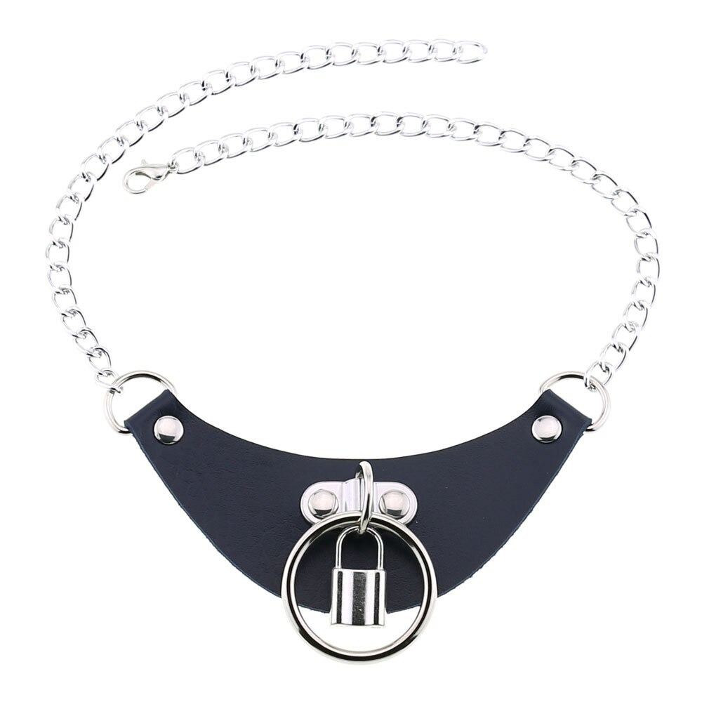 Gothic PU Leather Choker Collar For Women / Female Necklace of Chains with Lock Key