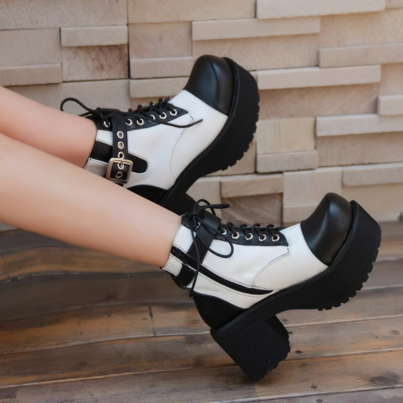 Gothic Punk Women's Ankle Boots with Lace-up / Black and White Platform Boots with Buckle Strap
