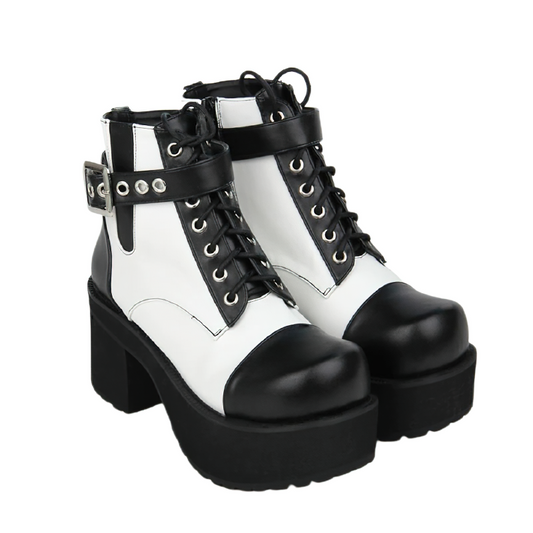 Gothic Punk Women's Ankle Boots with Lace-up / Black and White Platform Boots with Buckle Strap