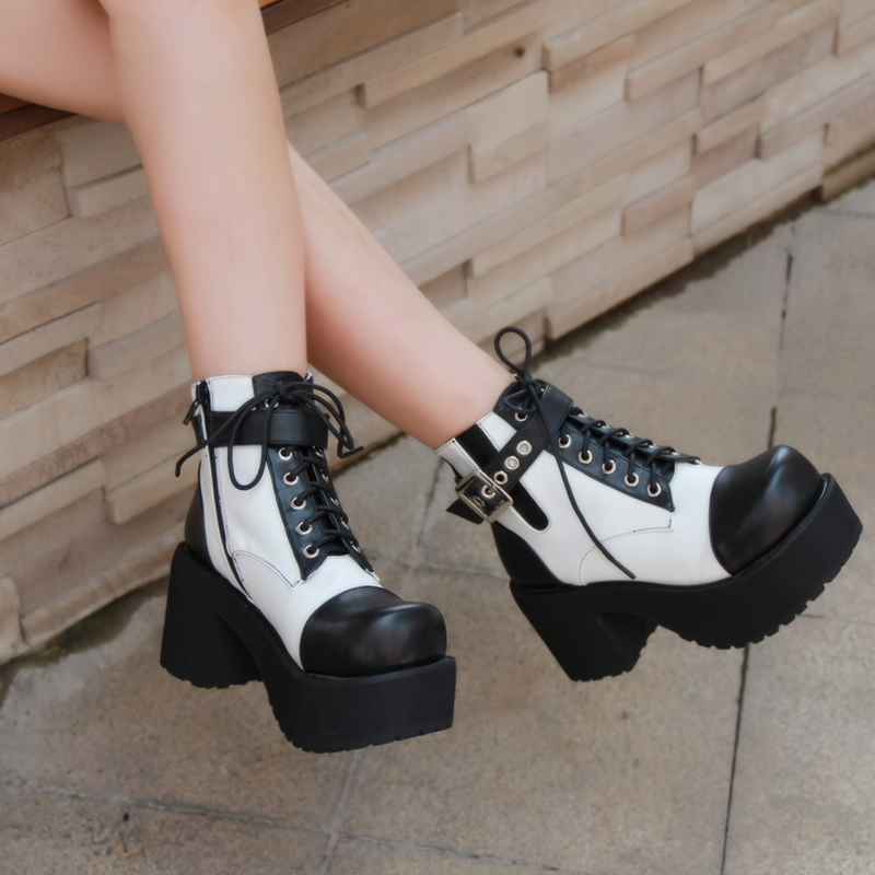 Gothic Punk Women's Ankle Boots with Lace-up / Black and White Platform Boots with Buckle Strap