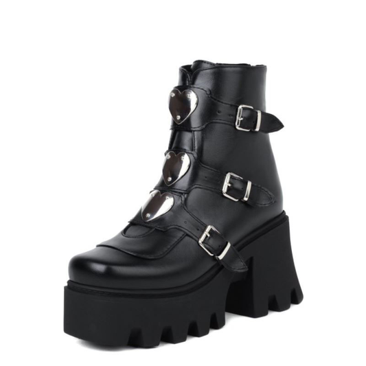 Gothic Style Women's Black Ankle Boots / Metal Heart Buckle Shoes / Cool Ladies Boots