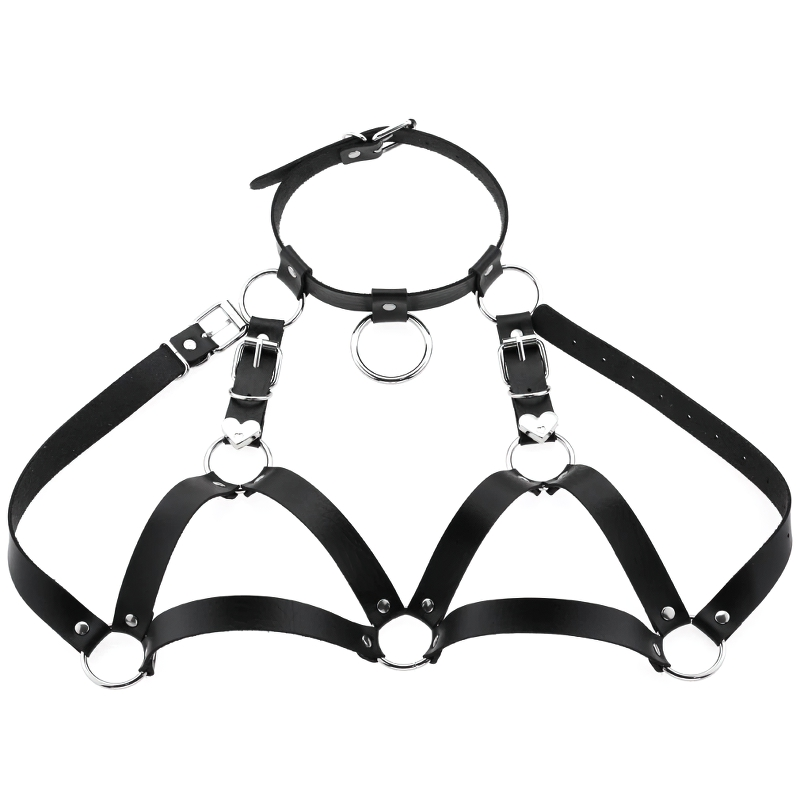 Gothic Women Body Harness Of PU Leather / Necklace Of Metal Heart / Ladies Chest Belt