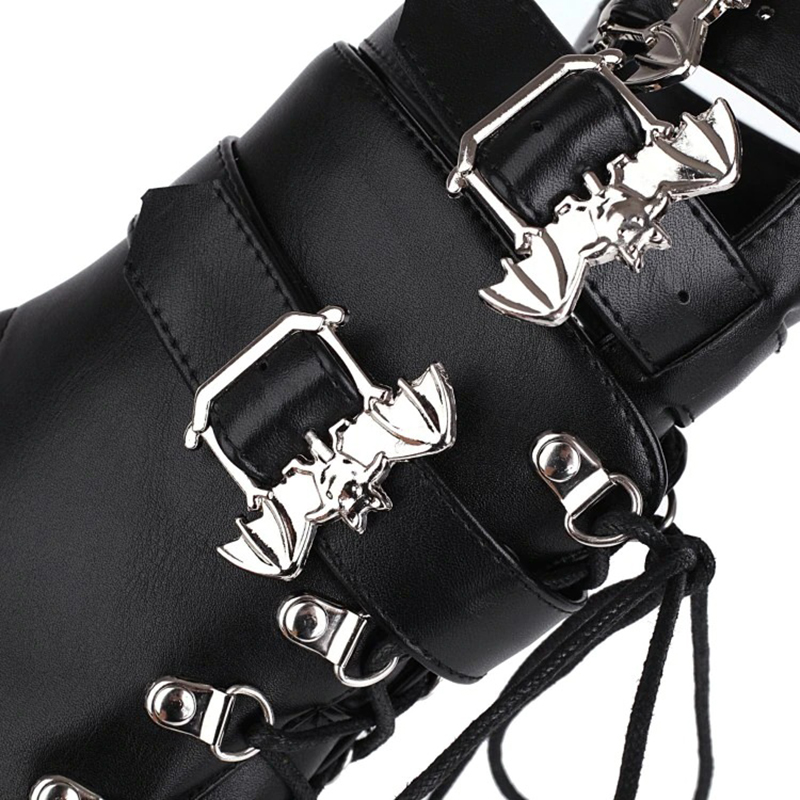 Gothic Women's Patent Leather Short Boots / Fashion High Heel Boots with Bat Buckle