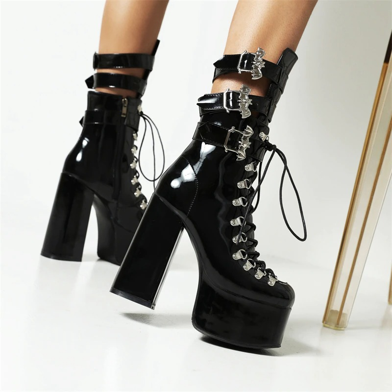 Gothic Women's Patent Leather Short Boots / Fashion High Heel Boots with Bat Buckle