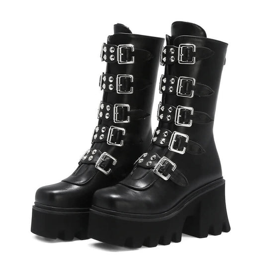 Gothic Womens Platform Boots with Buckle Strap and Zipper Creeper / Mid Calf Military Combat Boots