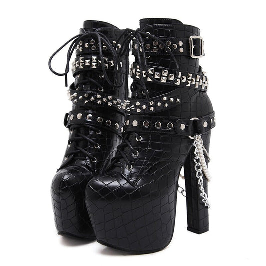 High Heels Chains Rivets Shoes / Women Ankle Platform Boots / Patent Leather Boots with Zipping