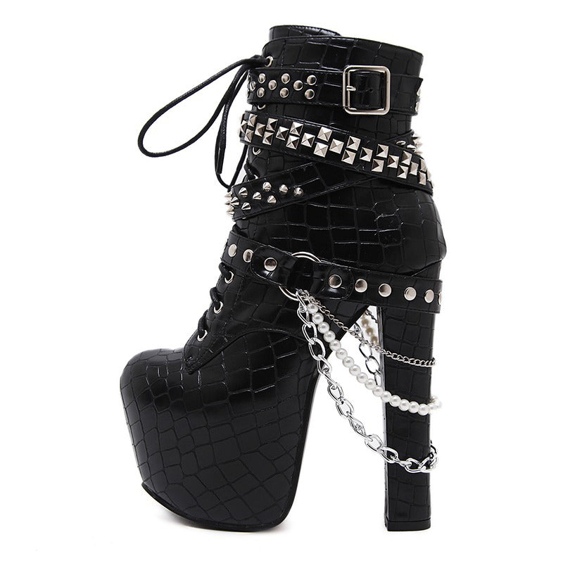 High Heels Chains Rivets Shoes / Women Ankle Platform Boots / Patent Leather Boots with Zipping