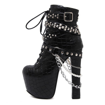 High Heels Chains Rivets Shoes / Women Ankle Platform Boots / Patent Leather Boots with Zipping