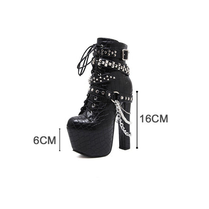 High Heels Chains Rivets Shoes / Women Ankle Platform Boots / Patent Leather Boots with Zipping