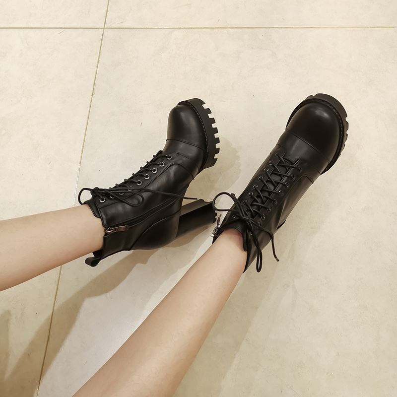 High Quality Genuine Leather Boots for Women / Lace-Up Autumn and Winter Ankle Boots with Platform