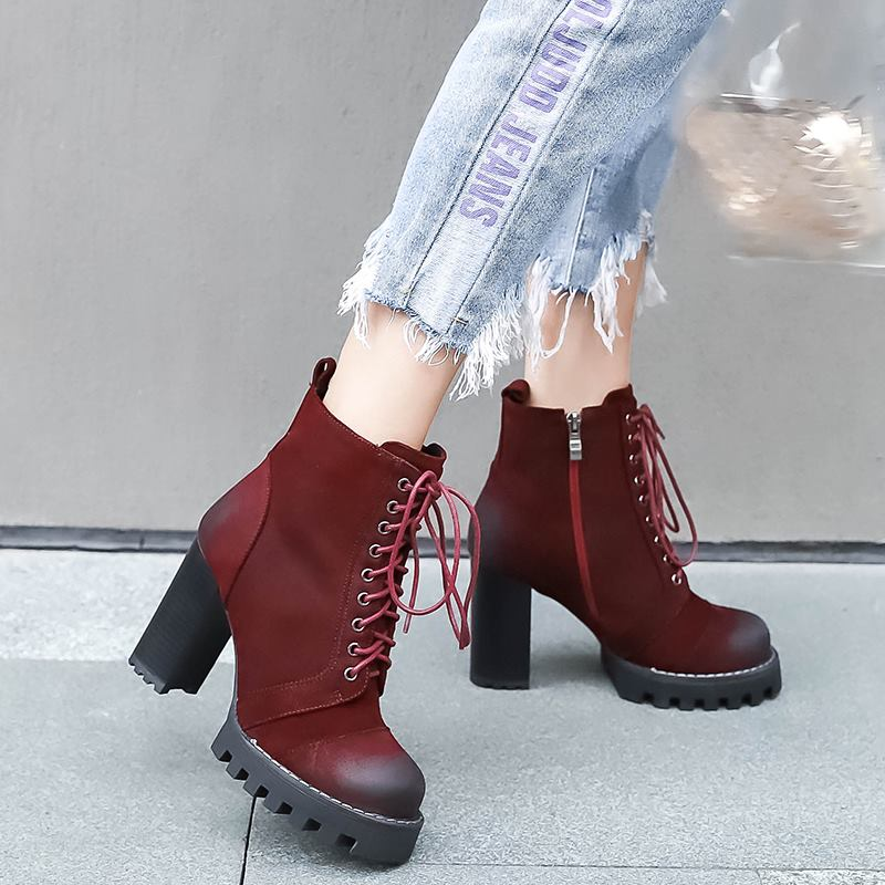 High Quality Genuine Leather Boots for Women / Lace-Up Autumn and Winter Ankle Boots with Platform