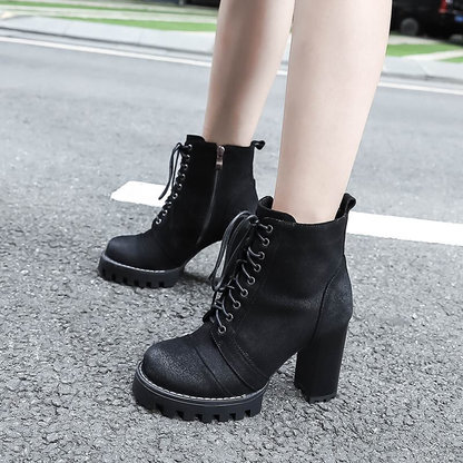 High Quality Genuine Leather Boots for Women / Lace-Up Autumn and Winter Ankle Boots with Platform