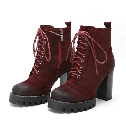 High Quality Genuine Leather Boots for Women / Lace-Up Autumn and Winter Ankle Boots with Platform