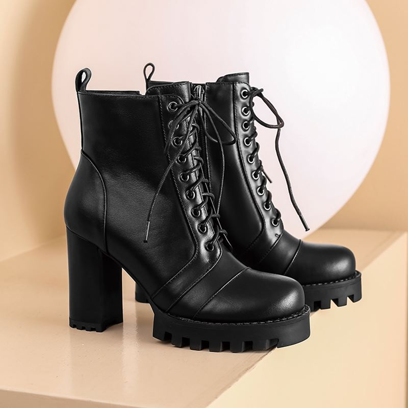 High Quality Genuine Leather Boots for Women / Lace-Up Autumn and Winter Ankle Boots with Platform