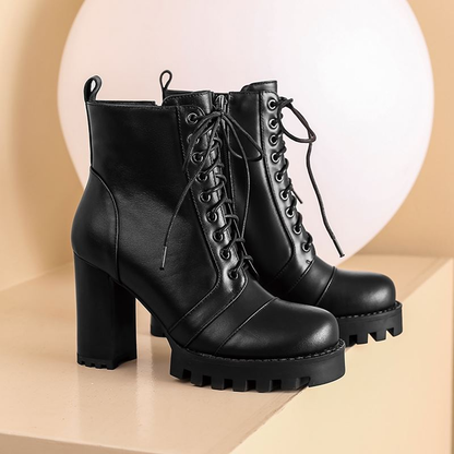 High Quality Genuine Leather Boots for Women / Lace-Up Autumn and Winter Ankle Boots with Platform