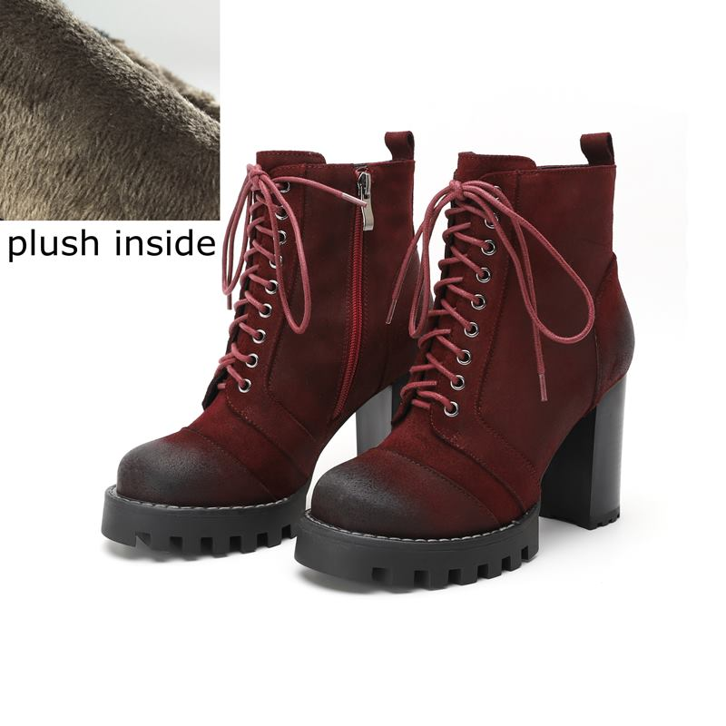 High Quality Genuine Leather Boots for Women / Lace-Up Autumn and Winter Ankle Boots with Platform