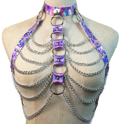 Holographic Chain Body Harness / Body Chain Bra Top Bondage / Festival Rave Outfit for Women