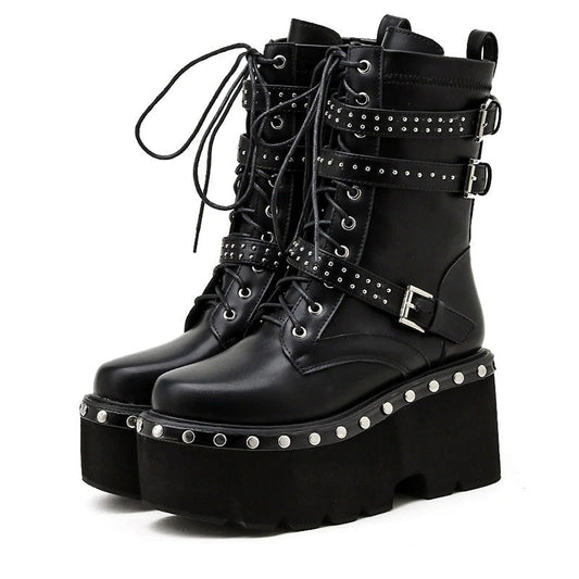 Ladies Ankle Boots In Gothic Style / High Heels Shoes With Platform And Round Toe