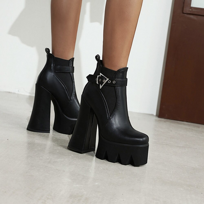 Ladies Block High Heels Ankle Boots / Women's PU Leather Platform Shoes