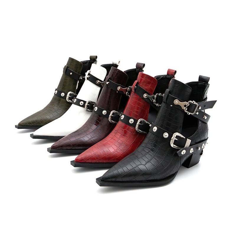 Ladies Chunky High-Heels Ankle Boots Pointed Toe / Boots for Women with Buckles and Rivets