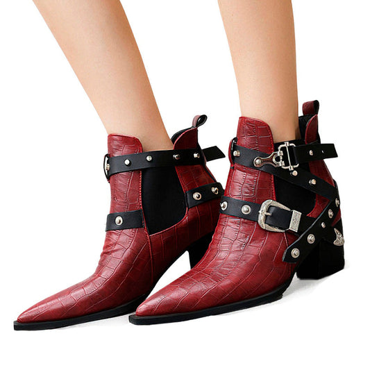 Ladies Chunky High-Heels Ankle Boots Pointed Toe / Boots for Women with Buckles and Rivets