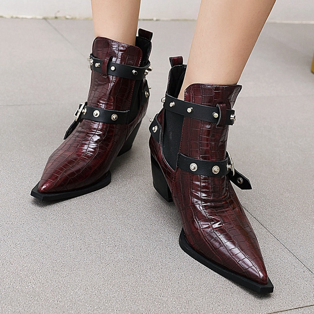 Ladies Chunky High-Heels Ankle Boots Pointed Toe / Boots for Women with Buckles and Rivets