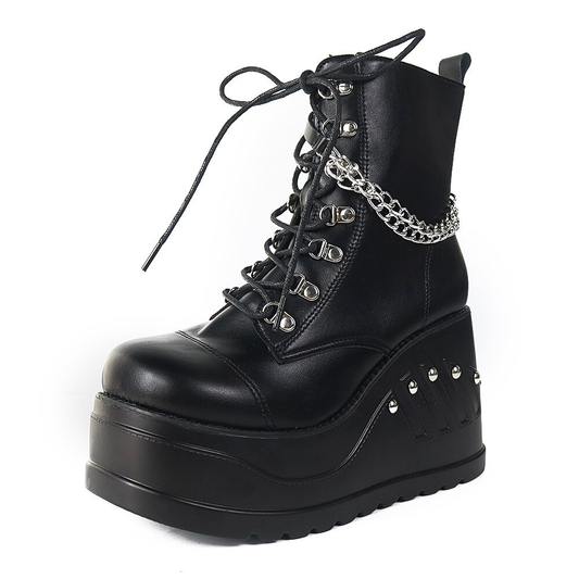 Ladies Fashion PU Leather Ankle Boots / Gothic Style Women's Shoes with Lace up & Chain