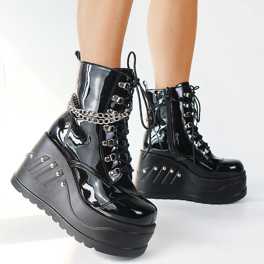 Ladies Fashion PU Leather Ankle Boots / Gothic Style Women's Shoes with Lace up & Chain