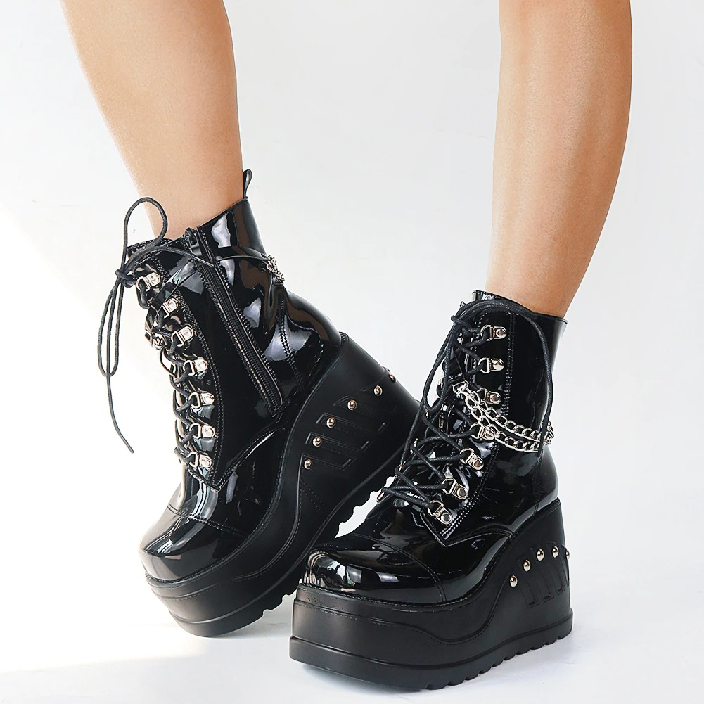 Ladies Fashion PU Leather Ankle Boots / Gothic Style Women's Shoes with Lace up & Chain