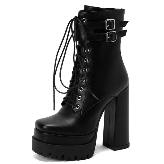 Ladies Square High Heels with Buckle / Stylish Lace-up Platform Ankle Boots