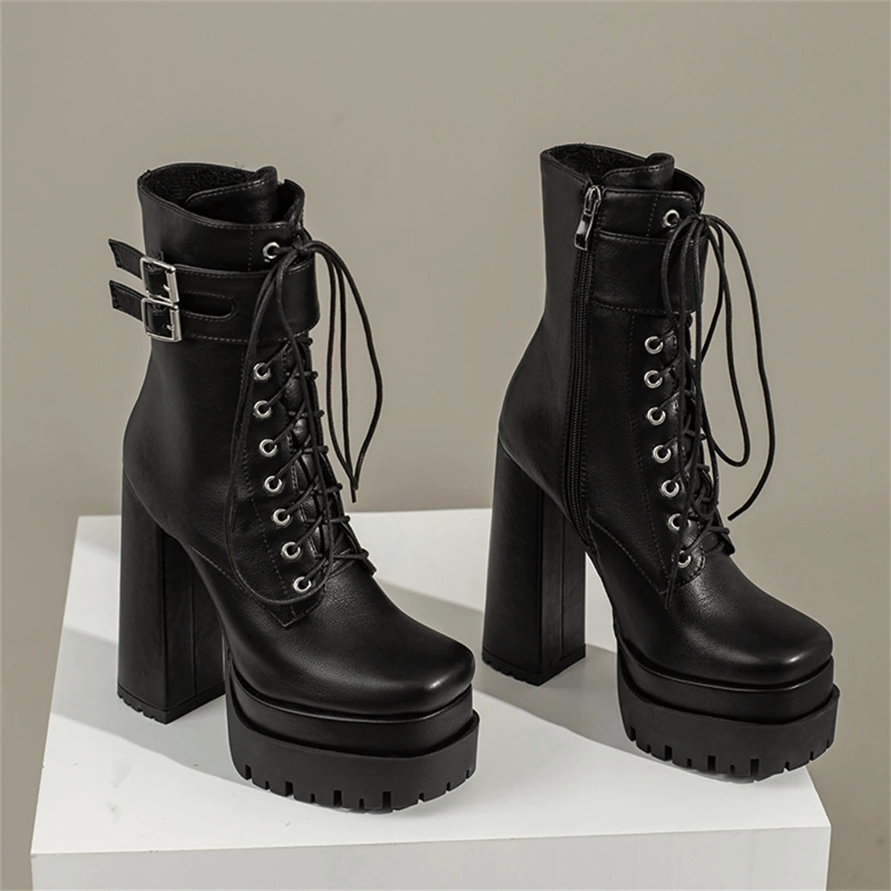 Ladies Square High Heels with Buckle / Stylish Lace-up Platform Ankle Boots