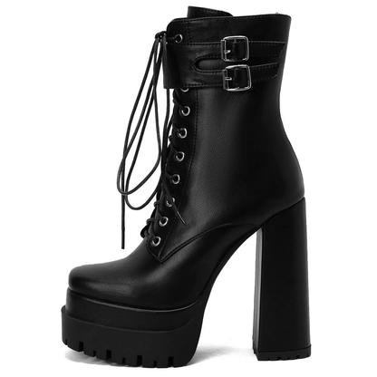 Ladies Square High Heels with Buckle / Stylish Lace-up Platform Ankle Boots