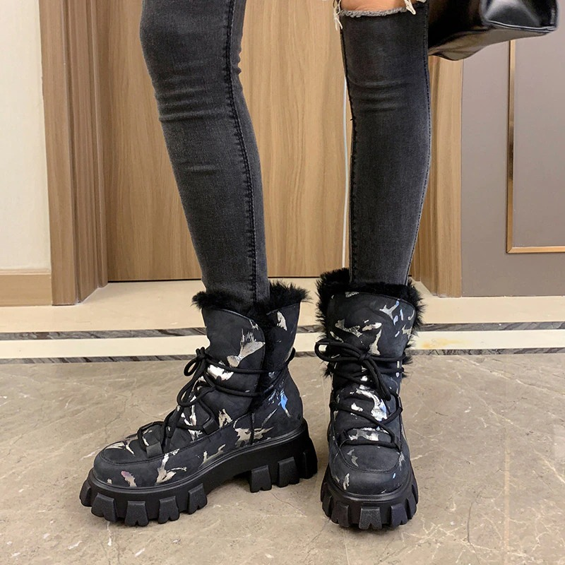 Leather Wool Snow Boots / Women's Shoes Thick Bottom / Casual Women Ankle Boots