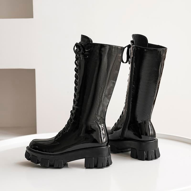 Microfiber Womens Boots / Lace-Up Round Toe Platform Knee High Boots / Solid Color Female Shoes