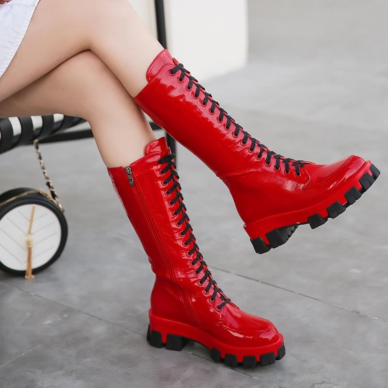 Microfiber Womens Boots / Lace-Up Round Toe Platform Knee High Boots / Solid Color Female Shoes