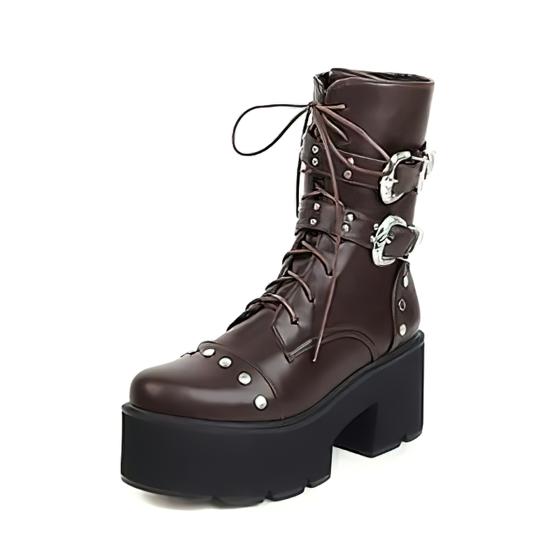 Motorcycle Ankle Boots for Women / High Platform Shoes with Cool Round Toe and Many Rivets