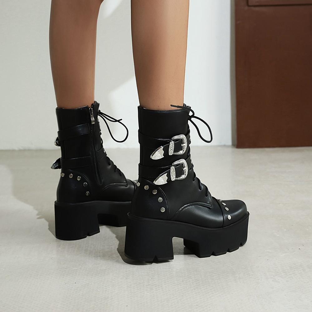 Motorcycle Ankle Boots for Women / High Platform Shoes with Cool Round Toe and Many Rivets