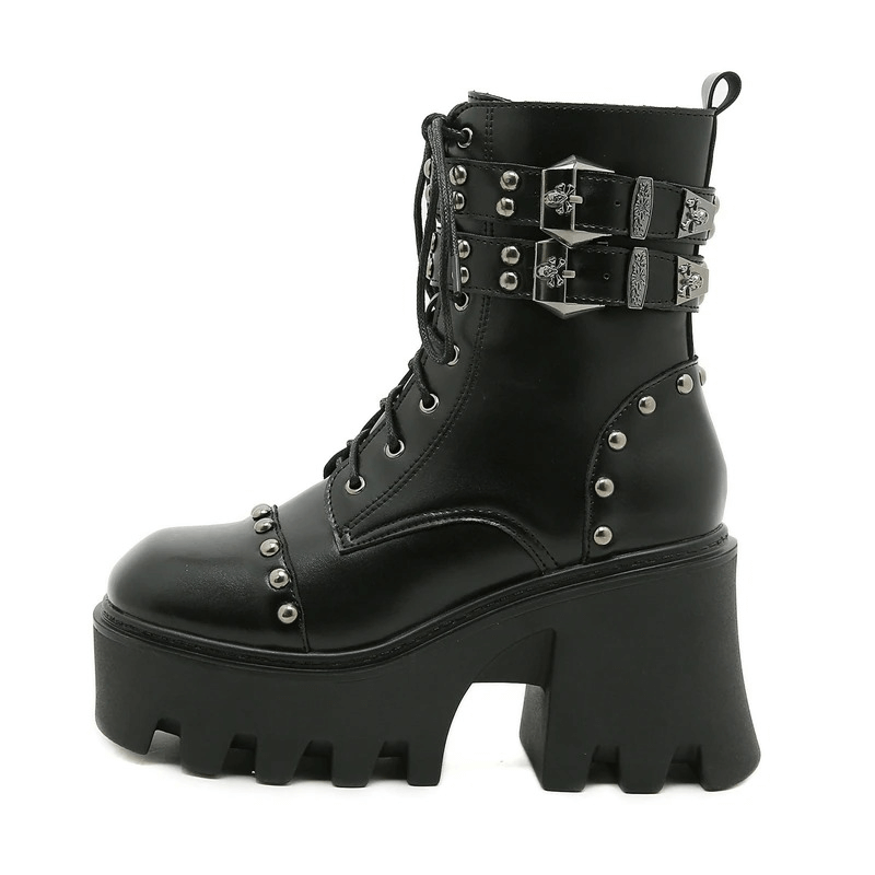 Motorcycle Chunky Heels Boots for Women / Platform Shoes With Metal Buckles And Rivets