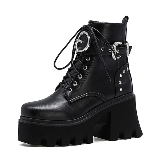 Motorcycle Women's Ankle Boots with Metal Buckle / Fashion Platform Square Toe Boots