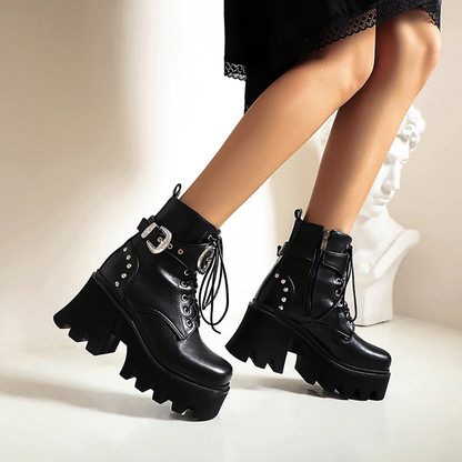 Motorcycle Women's Ankle Boots with Metal Buckle / Fashion Platform Square Toe Boots