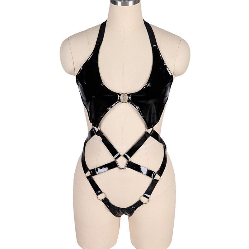Open Butt Women Bodysuit / Wet Look Patent Leather Body Harness / Gothic Underwear Role Play Costume