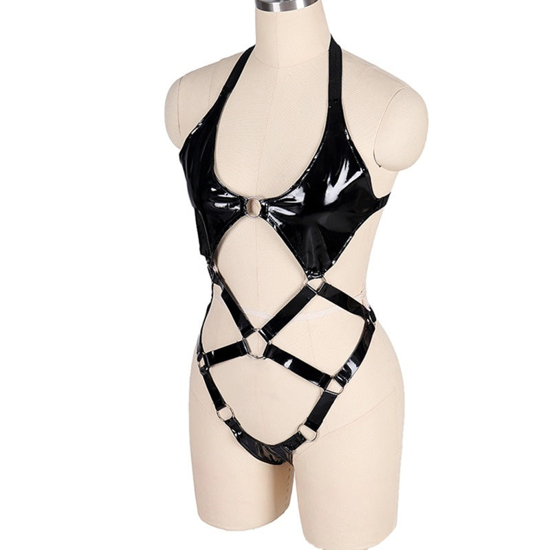 Open Butt Women Bodysuit / Wet Look Patent Leather Body Harness / Gothic Underwear Role Play Costume