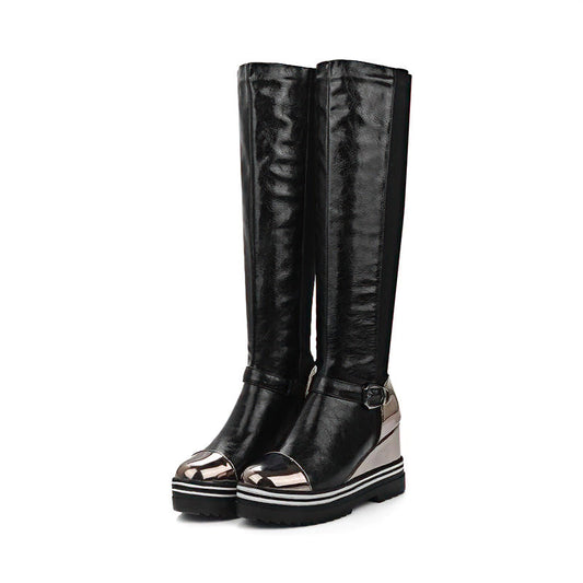 Original Design Knee-High Boots with Round Toe / Female Height Increasing Long Boots with Buckle