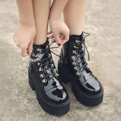 Patent Leather Gothic Women's Black Platform Boots / Female Ankle Zipper Boots With Double Chain