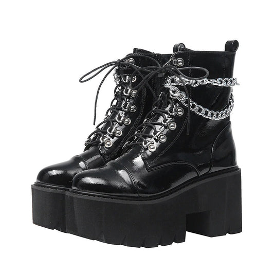 Patent Leather Gothic Women's Black Platform Boots / Female Ankle Zipper Boots With Double Chain