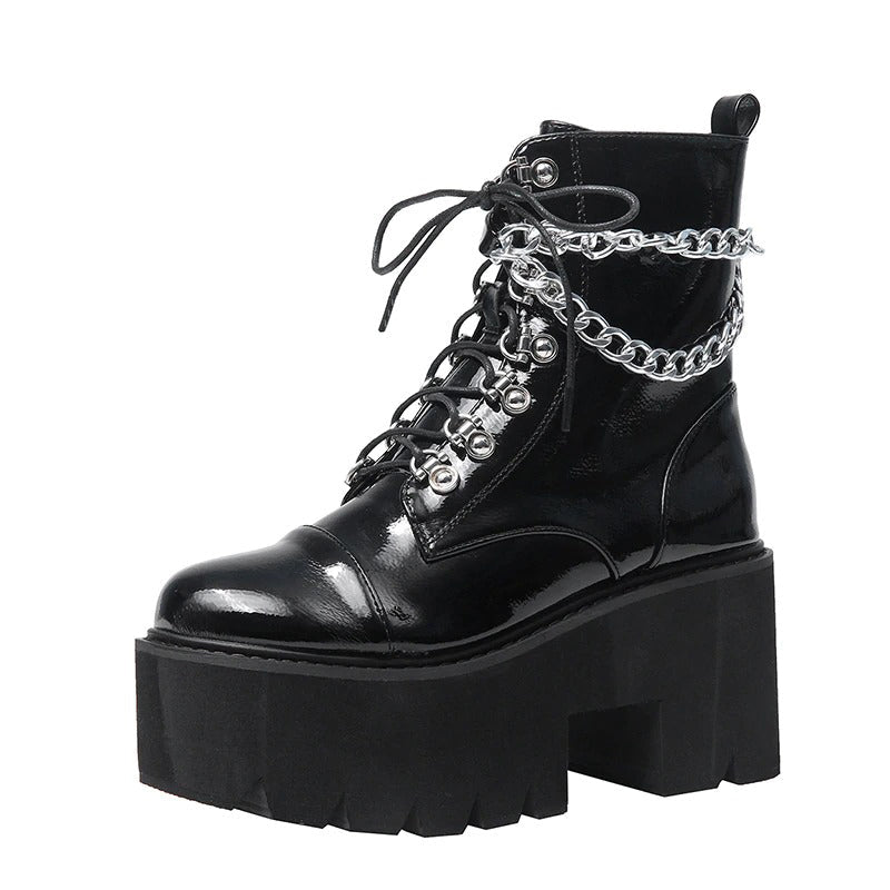 Patent Leather Gothic Women's Black Platform Boots / Female Ankle Zipper Boots With Double Chain